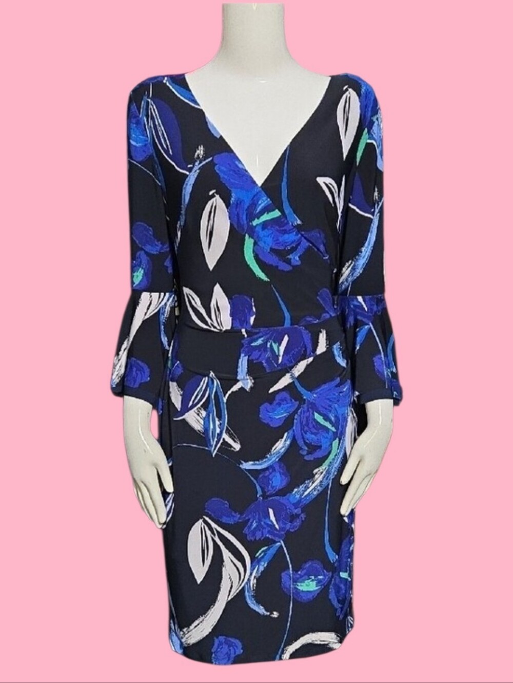 Lauren Ralph Lauren Navy Wrap-Front Midi Dress with Blue & Green Floral Print